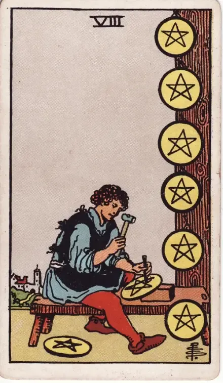 Eight of Pentacles tarot card (Rider–Waite–Smith)