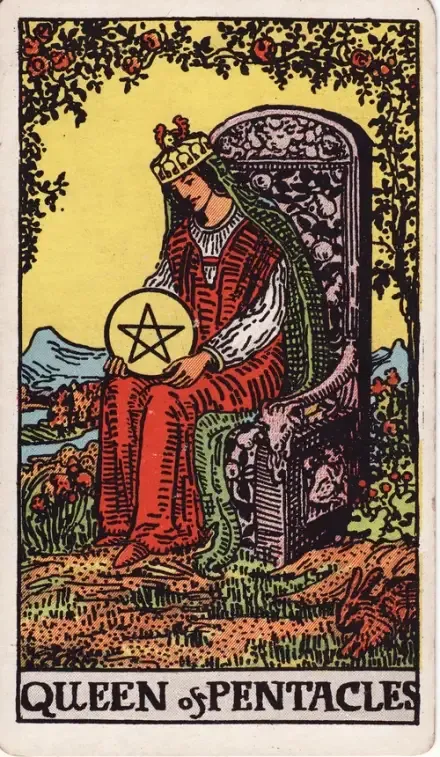Queen of Pentacles tarot card (Rider–Waite–Smith)