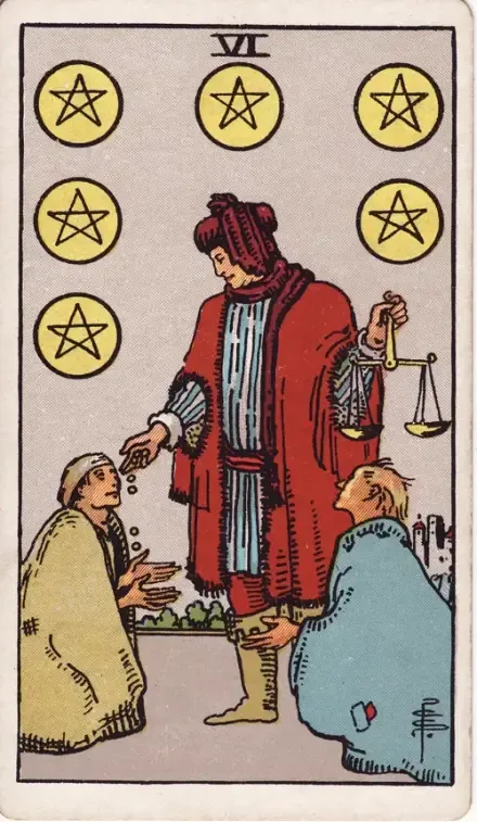 Six of Pentacles tarot card (Rider–Waite–Smith)